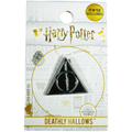 A black enamel pin shaped like the Deathly Hallows symbol, mounted on a white and gold Harry Potter branded backing card. The card features the 'Harry Potter' logo, a 'Pewter Accessories' badge, and 'Wizards of the World' branding.