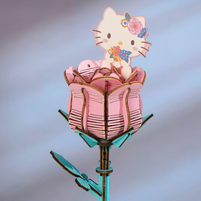 Hello Kitty character in a pink rose-shaped dress against a light blue background
