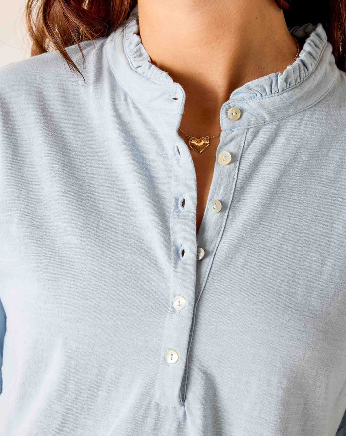 Joesphine Ruffle Henley Tee in Niagara Mist