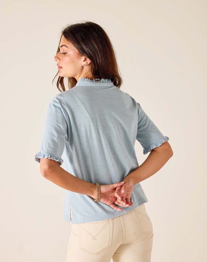 Joesphine Ruffle Henley Tee in Niagara Mist
