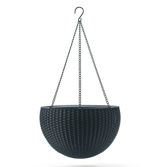 Keter 229545 Sphere Hanging Flower Pot Basket Bowl with Chain Planter Rattan Style Graphite Grey
