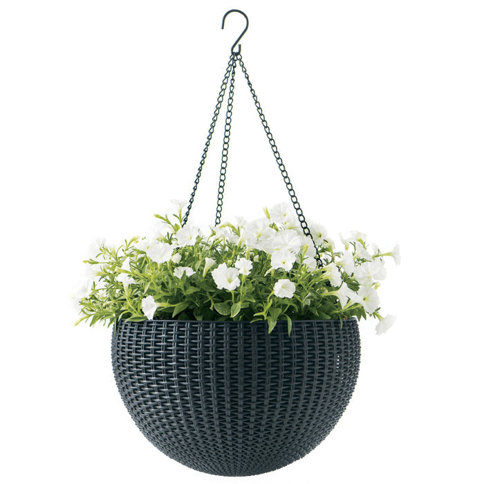 Keter 229545 Sphere Hanging Flower Pot Basket Bowl with Chain Planter Rattan Style Graphite Grey