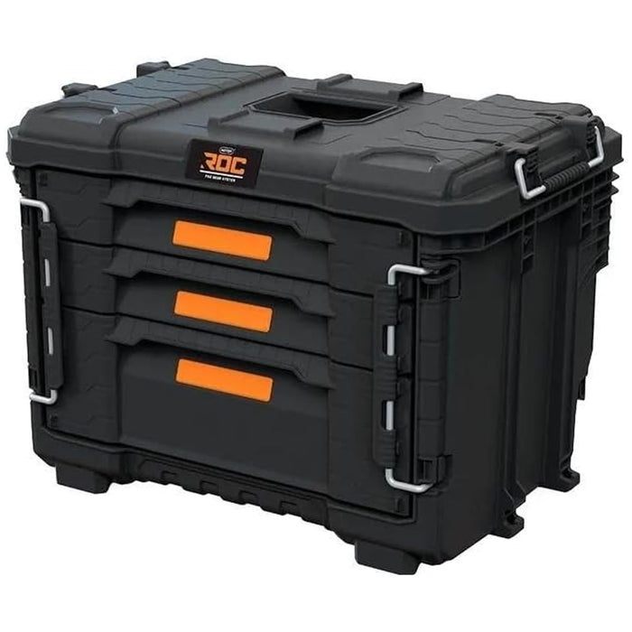 Keter ROC Pro Gear 2.0 XL Tool Box, with three drawers, included dividers, padlock slot, front latches, 259671