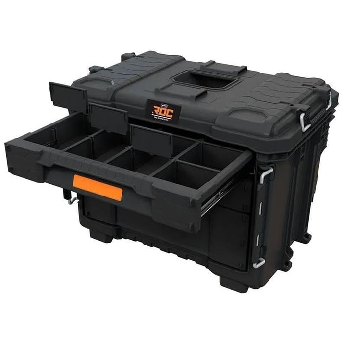 Keter ROC Pro Gear 2.0 XL Tool Box, with three drawers, included dividers, padlock slot, front latches, 259671
