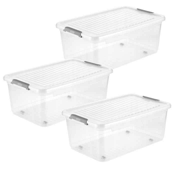 Leo Keeeper container with lid, 37L capacity, clear, with wheels, clip-on lid, set of 3