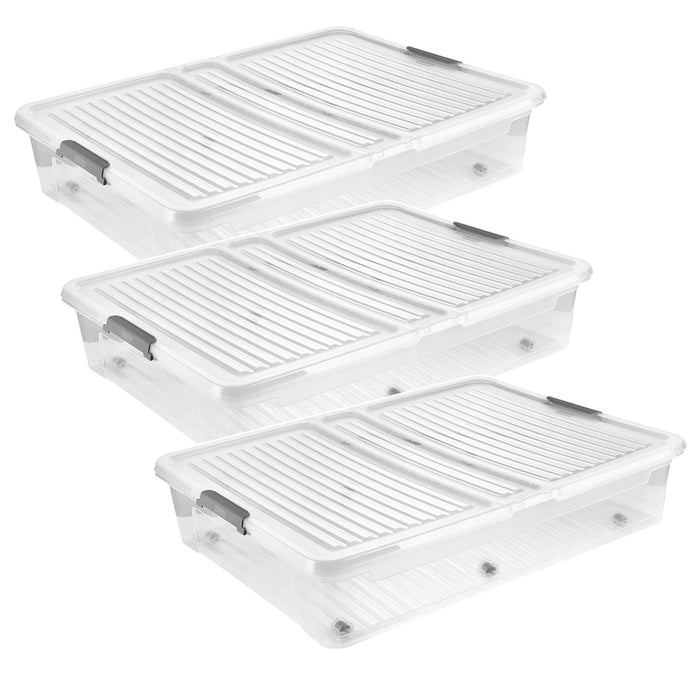 Leo Keeeper container with lid, 53L capacity, clear, with wheels, clip-on lid, set of 3