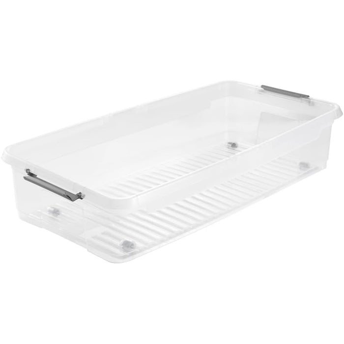 Leo Keeeper container with lid, capacity 33L, clear, has wheels, lid closes with clips