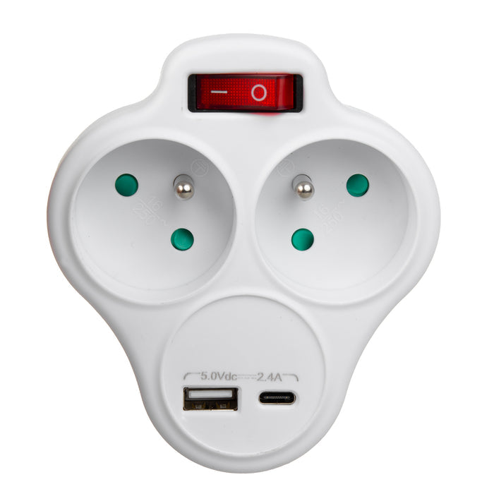 Maclean Power Outlet, 2-Outlet Power Strip with USB A/C 2.4A, Type E, 2x16A, MCE336 E