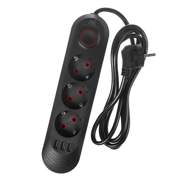 Maclean power strip, 3-socket extension cable + 3xUSB, 110-240V AC 50/60Hz, 2.1A max 2500W, 1.5m, black, MCE394 B