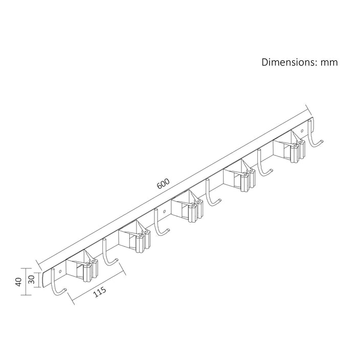 Maclean wall-mounted organizer for garden tools and mops, steel, with hooks, max. load 20 kg, width 60 cm, MC-185
