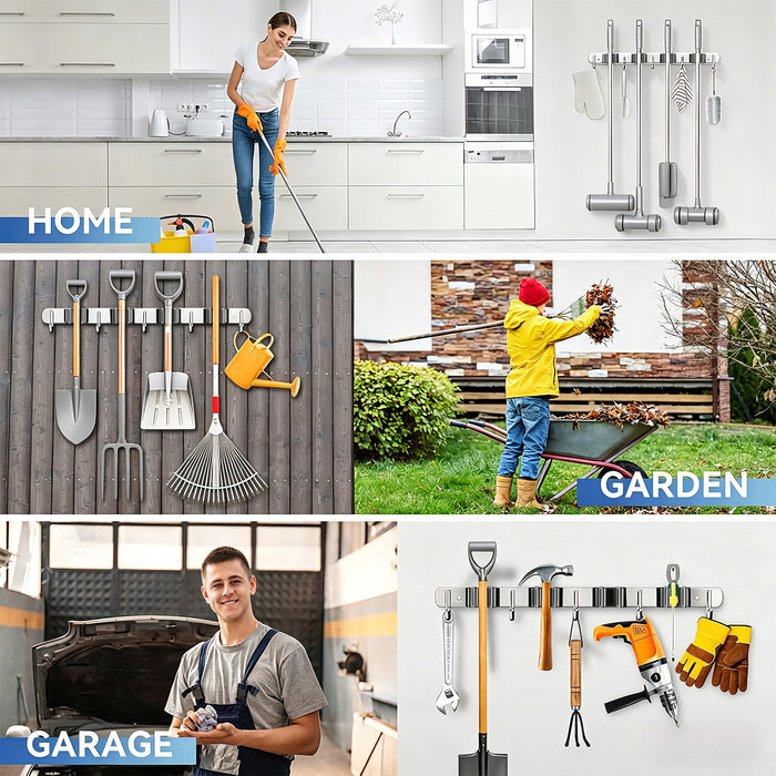 Maclean Wall-Mounted Organizer for Garden Tools and Mops, Steel, with Hooks, Max. Load 20 kg, Width 49 cm, MC-184