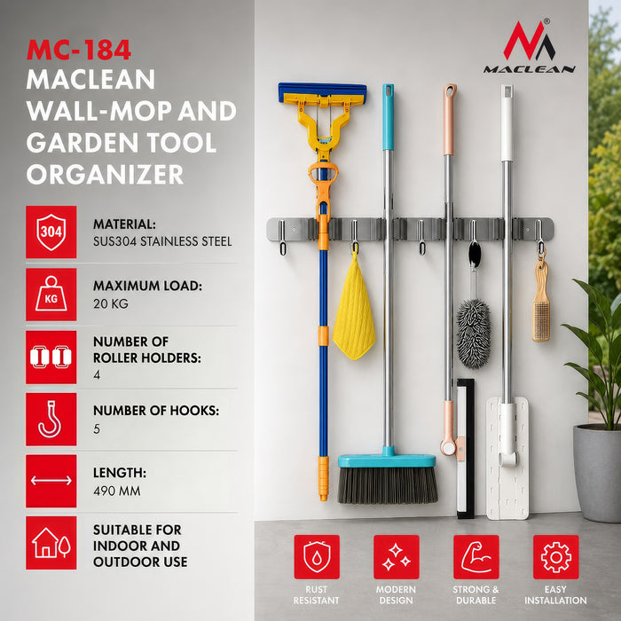 Maclean Wall-Mounted Organizer for Garden Tools and Mops, Steel, with Hooks, Max. Load 20 kg, Width 49 cm, MC-184