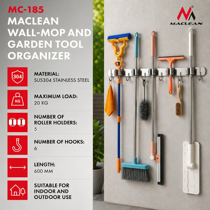 Maclean wall-mounted organizer for garden tools and mops, steel, with hooks, max. load 20 kg, width 60 cm, MC-185