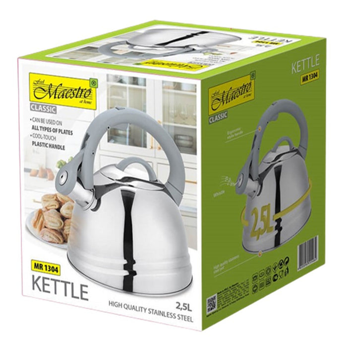 MAESTRO MR-1304 2.5L Classic Stove Kettle with Whistle for Induction Electric Gas Stove Plate Silver