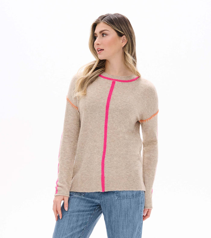 Maeve Sweater in Oatmeal & Neon Pink