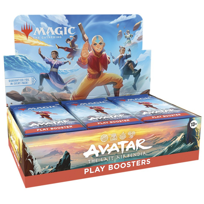 Magic: The Gathering Avatar: The Last Airbender play booster display box with three individual booster packs inside, shown on a white background.