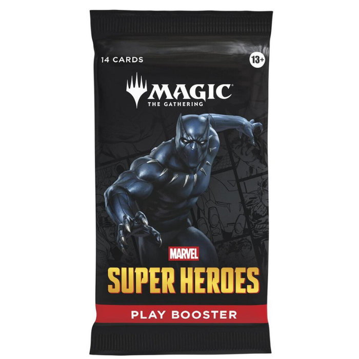Magic: The Gathering Super Heroes play booster pack featuring Marvel's Black Panther. The black packaging displays an illustration of Black Panther, with 'MAGIC THE GATHERING' and 'SUPER HEROES' branding, and a red banner reading 'PLAY BOOSTER'.