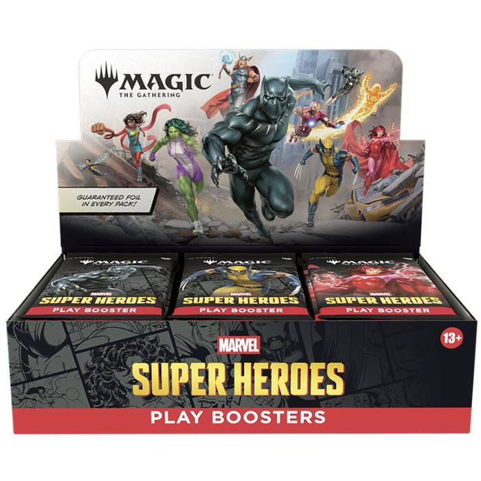 Magic: The Gathering Marvel Super Heroes Play Boosters display box with three booster packs visible inside and a printed hero collage on the back panel.
