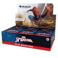 A Magic: The Gathering Marvel Spider-Man play booster display box containing multiple individual booster packs. The packaging features Spider-Man artwork, the Magic logo, and Marvel branding on a clean white background.