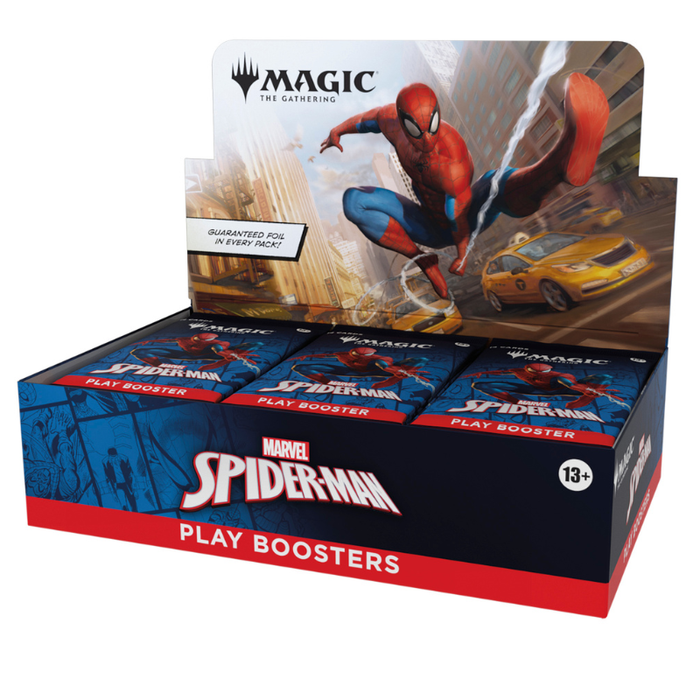 A Magic: The Gathering Marvel Spider-Man play booster display box containing multiple individual booster packs. The packaging features Spider-Man artwork, the Magic logo, and Marvel branding on a clean white background.