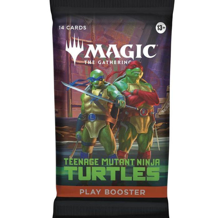 A Magic: The Gathering Teenage Mutant Ninja Turtles play booster pack featuring artwork of Leonardo and Michelangelo on the front, with '14 Cards' and 'Play Booster' text visible.