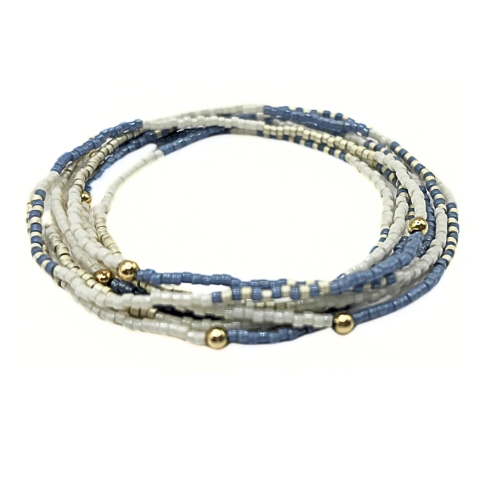 Maui in Steel Blue & Champagne 7 Stack Beaded Bracelet: Steel Blue, Cotton & Champagne