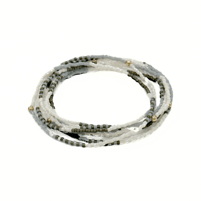 Maui in Steel Blue & Champagne 7 Stack Beaded Bracelet: Steel Blue, Cotton & Champagne