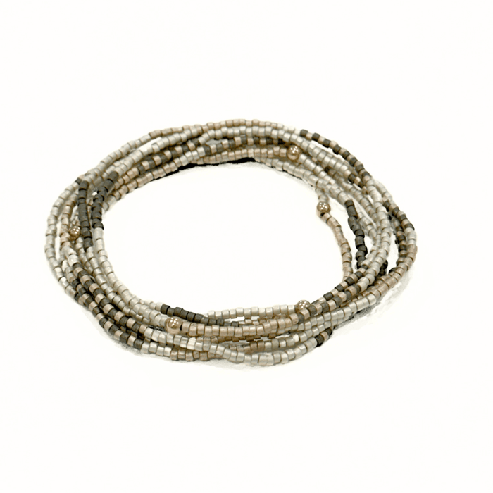 Maui in Steel Blue & Champagne 7 Stack Beaded Bracelet: Steel Blue, Cotton & Champagne