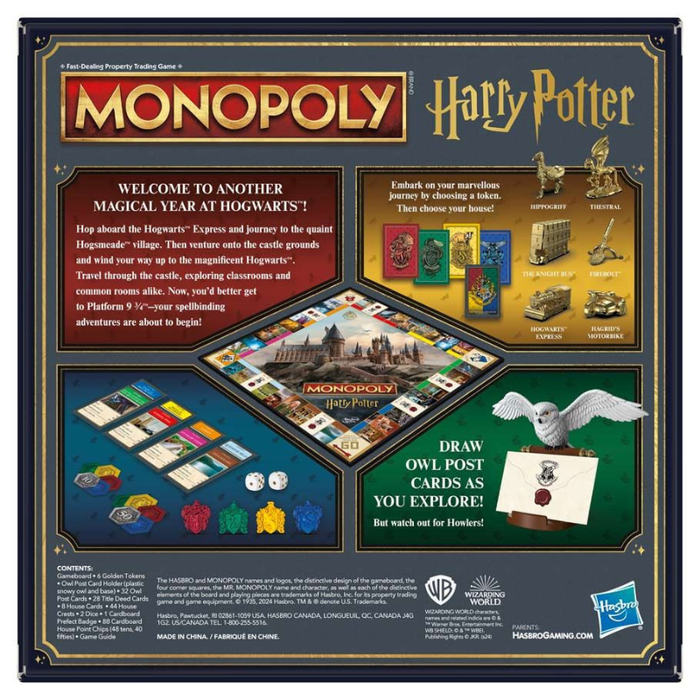 Front of the Monopoly Harry Potter board game box, showing the game board, cards, money, and themed illustrations including Harry Potter, Hogwarts, an owl, and Hasbro and Warner Bros. logos.