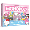 Monopoly: Hello Kitty and Friends board game box shown at a slight angle on a white background. The box features a pink top half with the large 'MONOPOLY' title and a blue bottom half with Hello Kitty, Sanrio characters, and castle illustrations.