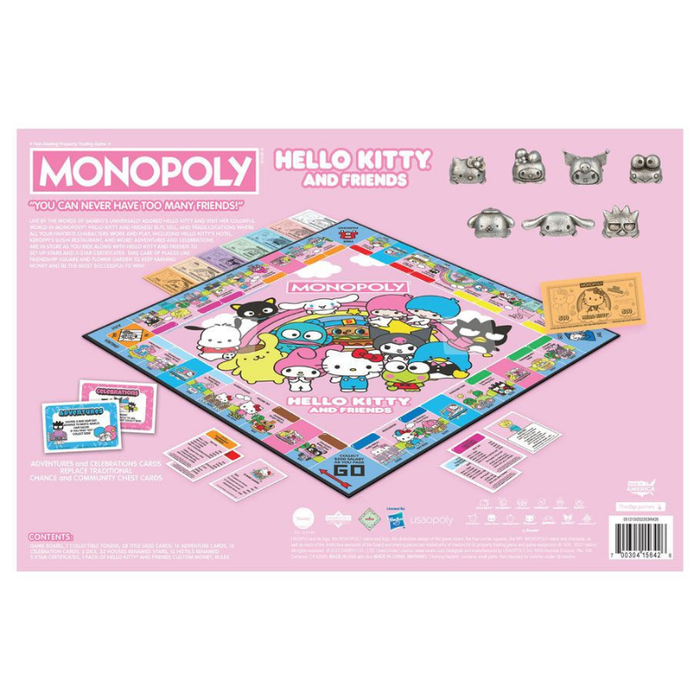 The back of a Monopoly Hello Kitty and Friends board game box, shown on a light pink background. The box features colorful cartoon character graphics, product components like cards and tokens, and branding for Monopoly, Hasbro, and Sanrio.
