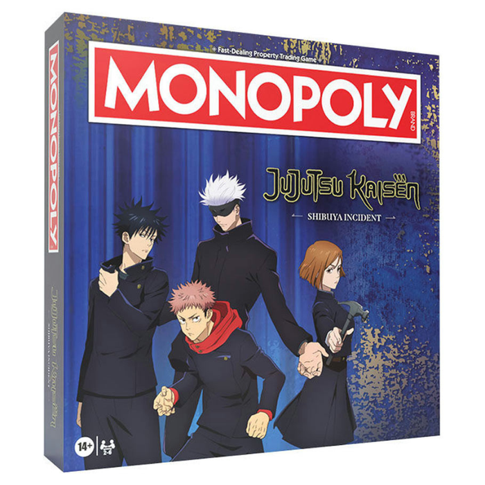 Monopoly game box featuring characters from Jujutsu Kaisen with a blue and red design.