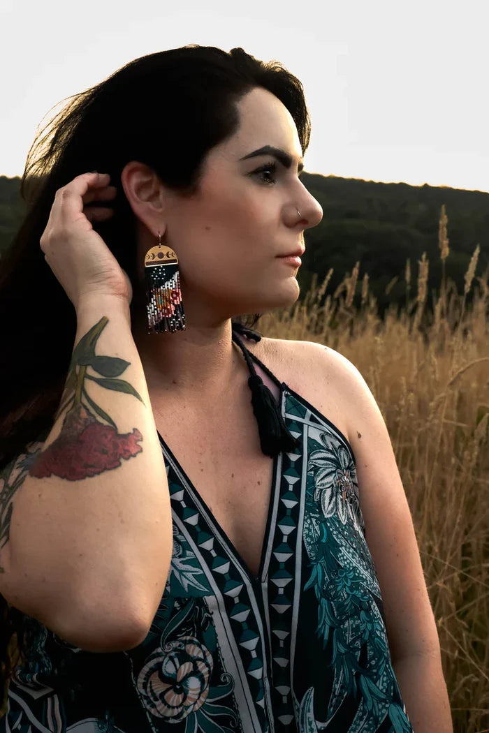 Moonlit Moth Fringe Earrings in Black