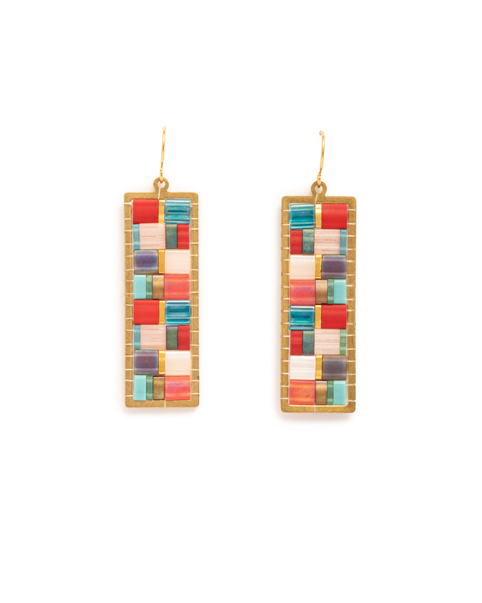 Mosaic Tila Earrings in Aqua & Red
