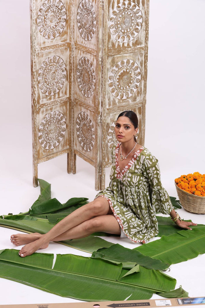 Nishu Block Printed Cotton Mini Dress in Floral