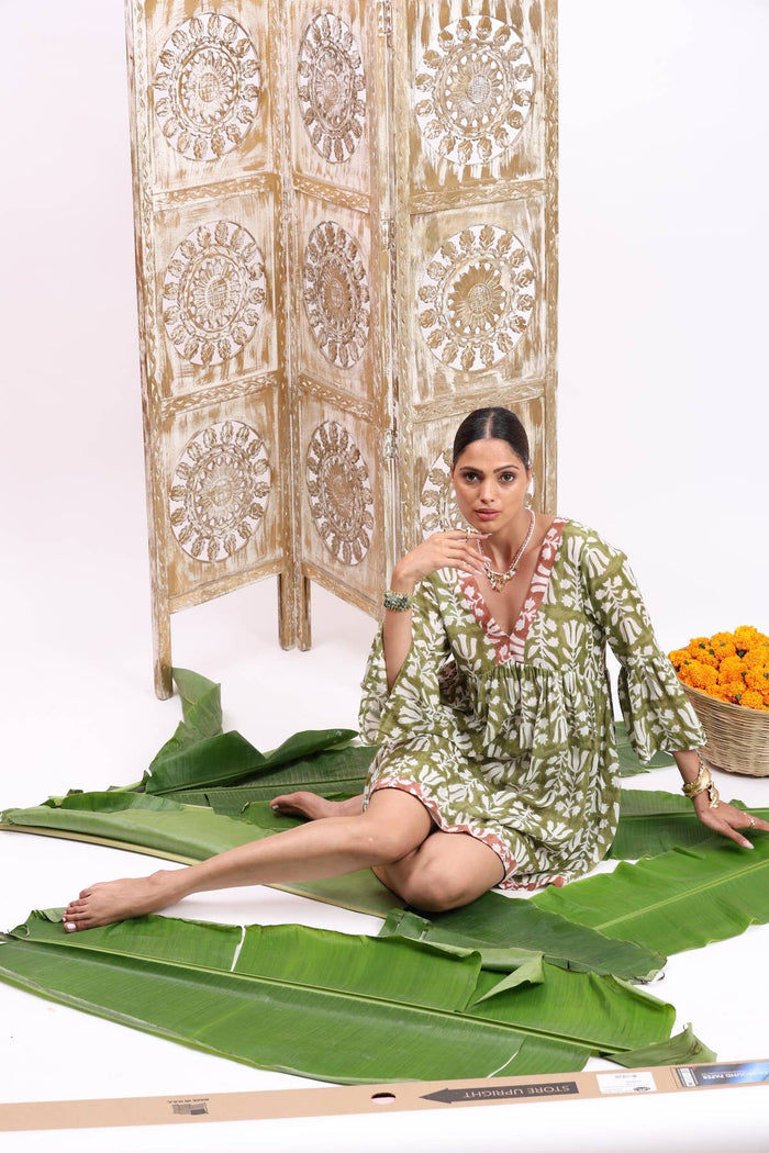 Nishu Block Printed Cotton Mini Dress in Floral