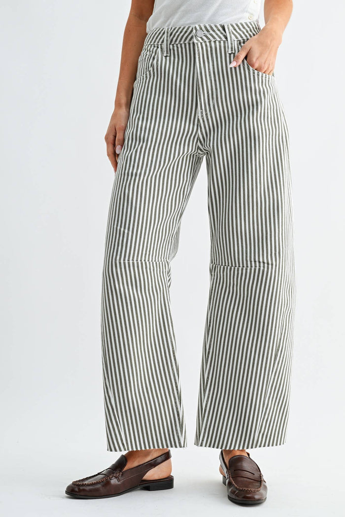 Olive Stripe Barrel Jean with Seams