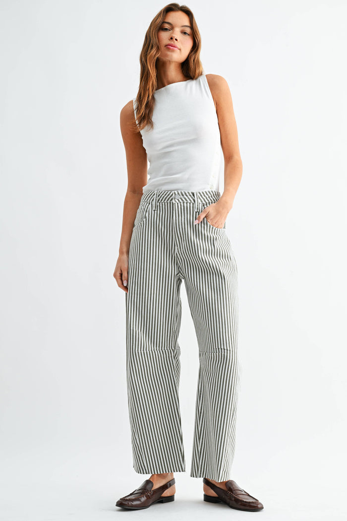 Olive Stripe Barrel Jean with Seams