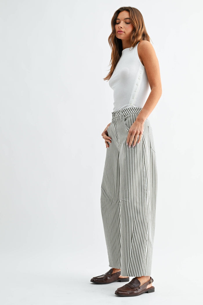 Olive Stripe Barrel Jean with Seams