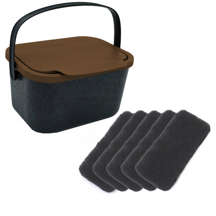 Organic waste bin, 4.5-liter capacity, black with a brown lid, Mini Bini + 5 Practic charcoal filters