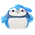 Plush toy penguin with blue and white colors on a white background