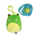 Green frog-shaped plush toy with a clip and tag on a white background