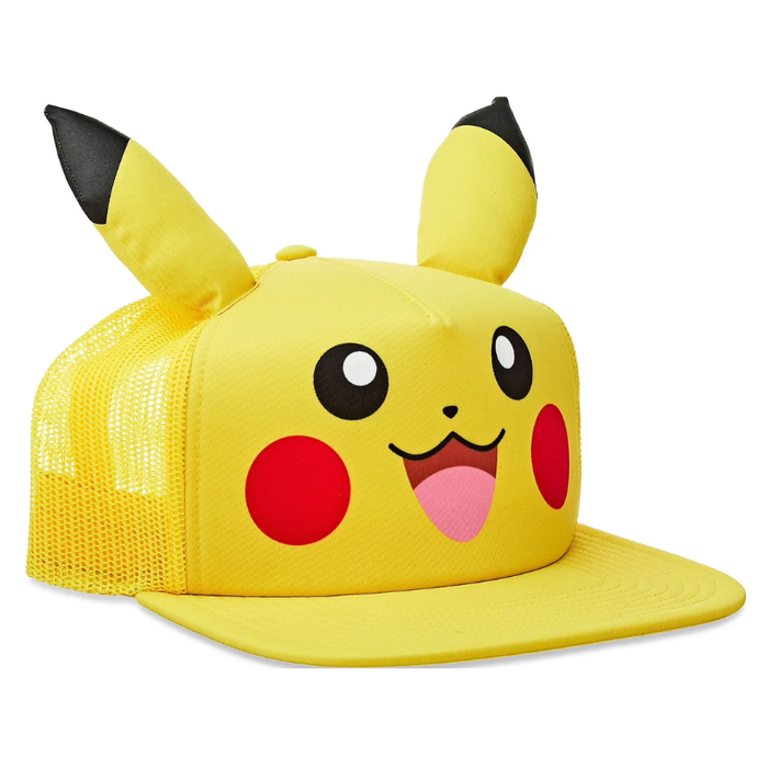 Yellow cap with Pikachu design on a white background