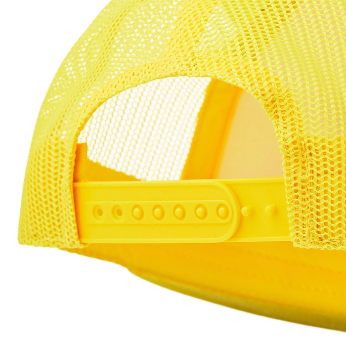 Close-up of a yellow mesh cap with a white interior on a white background