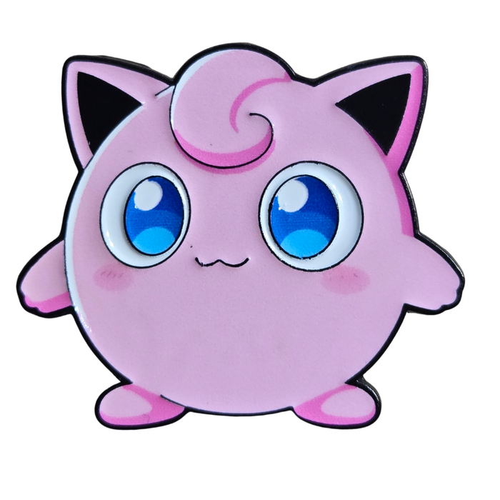 Pink cartoon character with large blue eyes on a white background