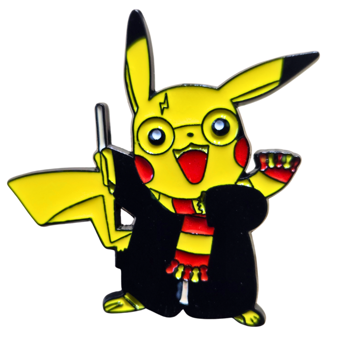 Pikachu wearing a Harry Potter-themed scarf on a white background
