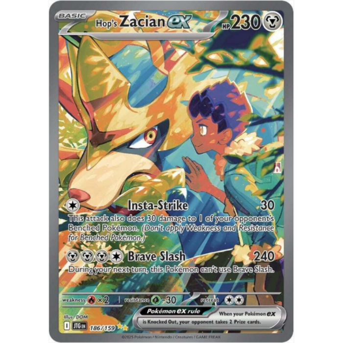 Pokémon trading card featuring Hop's Zacian ex with colorful design and text.