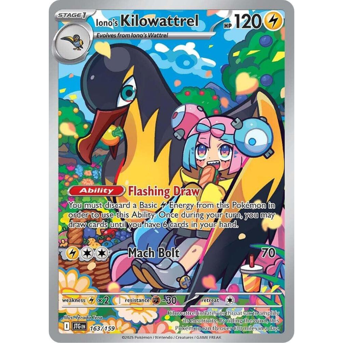 Pokémon trading card featuring Iono's Kilowattrel with colorful background