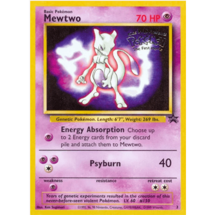 Pokémon trading card featuring Mewtwo with a purple and yellow border.