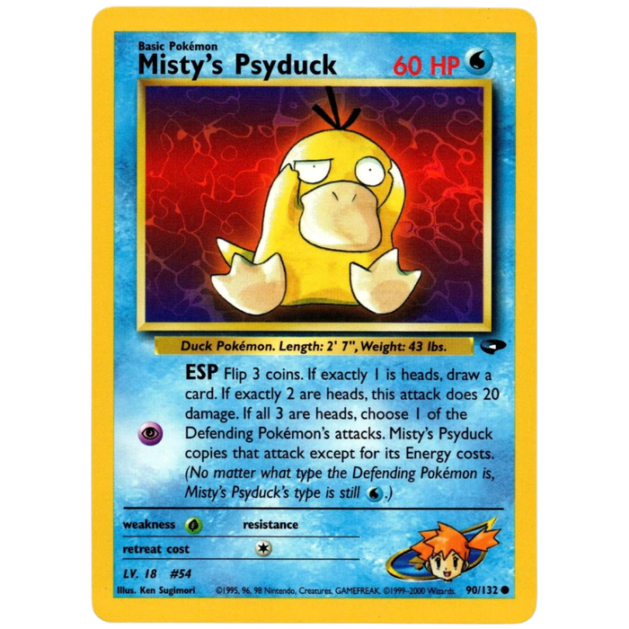 Pokémon trading card featuring Misty's Psyduck with a yellow border and blue background.
